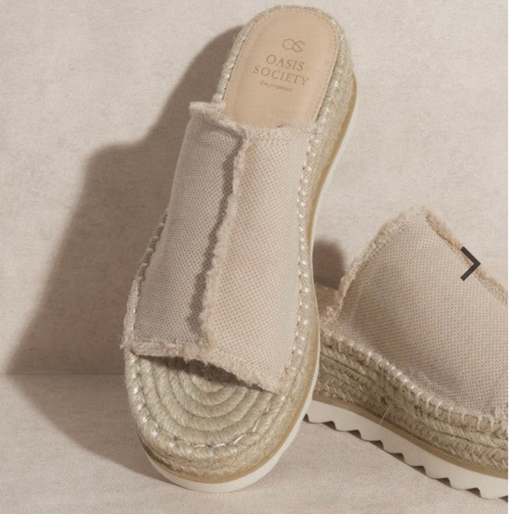 Buckle LA OASIS SOCIETY Linen Espadrilles Platform Wedge Chunky Slide Sandal 8.5